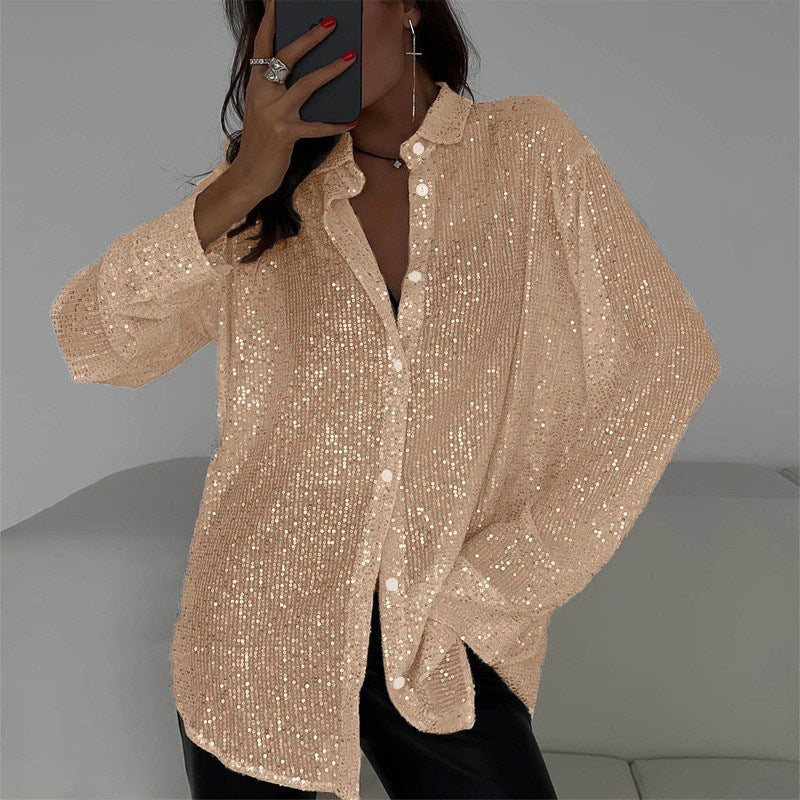 Women's Sequin Lapel Long Sleeve Basic Style Blouse