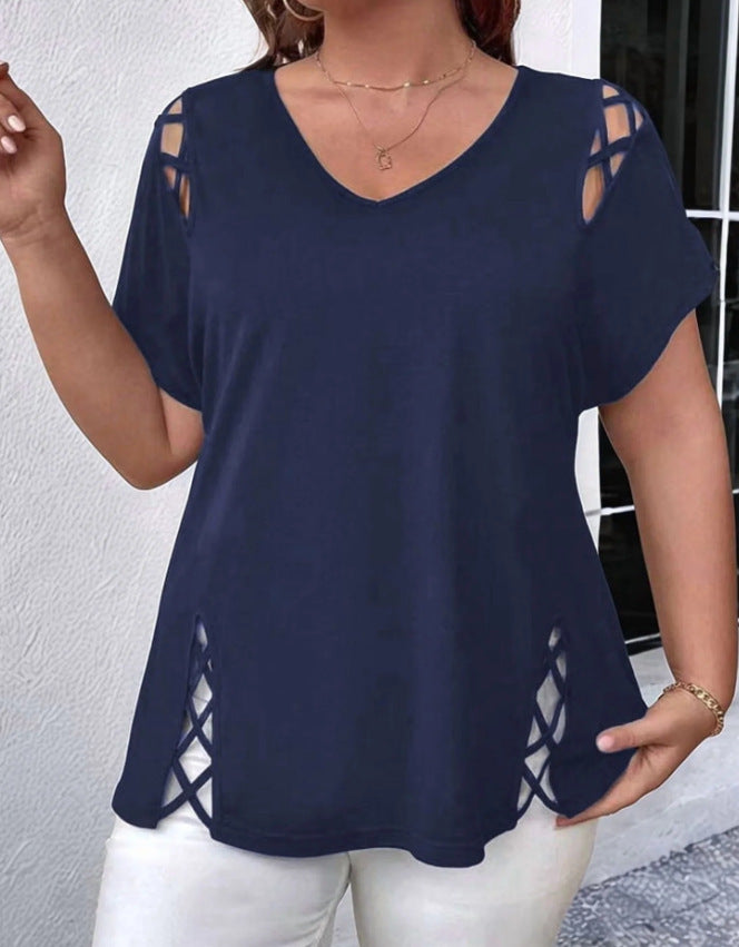 Women's Summer Casual Short-sleeved Shoulder Side Cross Large Size T-shirt