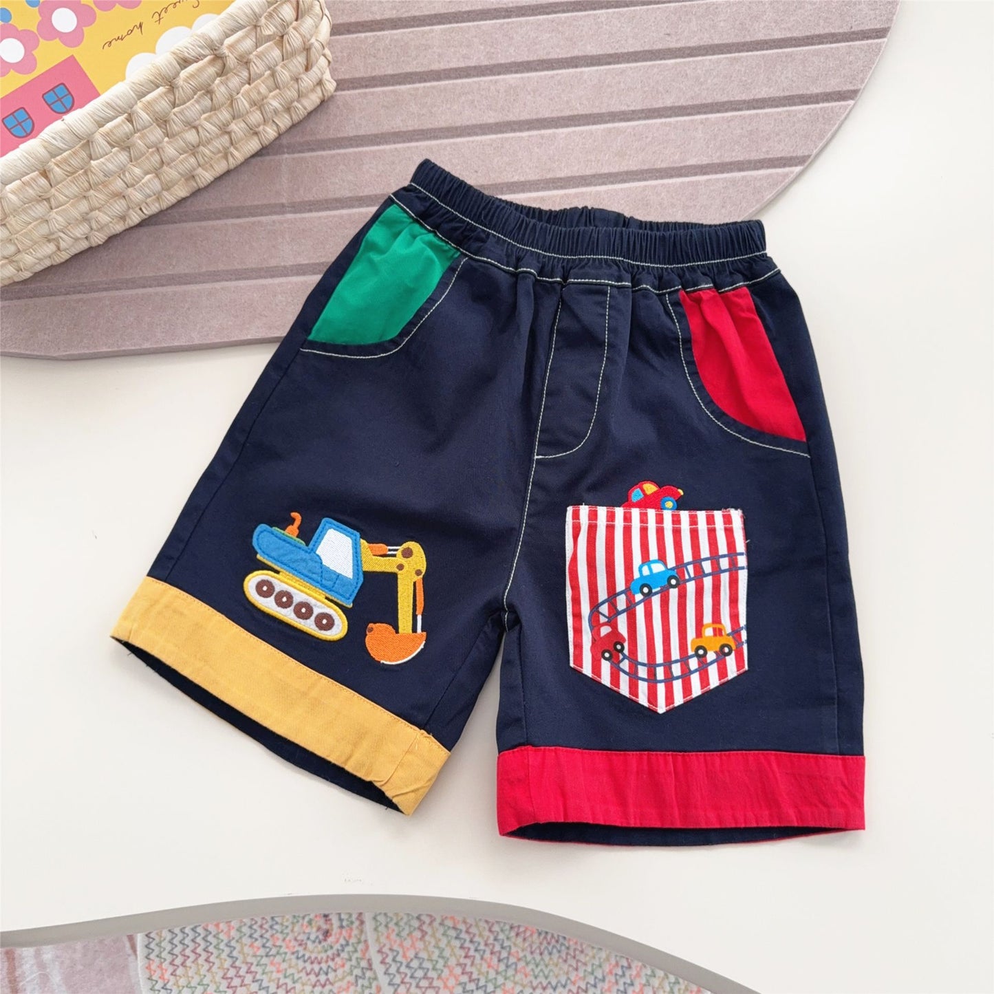 Boys Pocket Shorts Summer Cartoon Excavator Patch Children's Pants