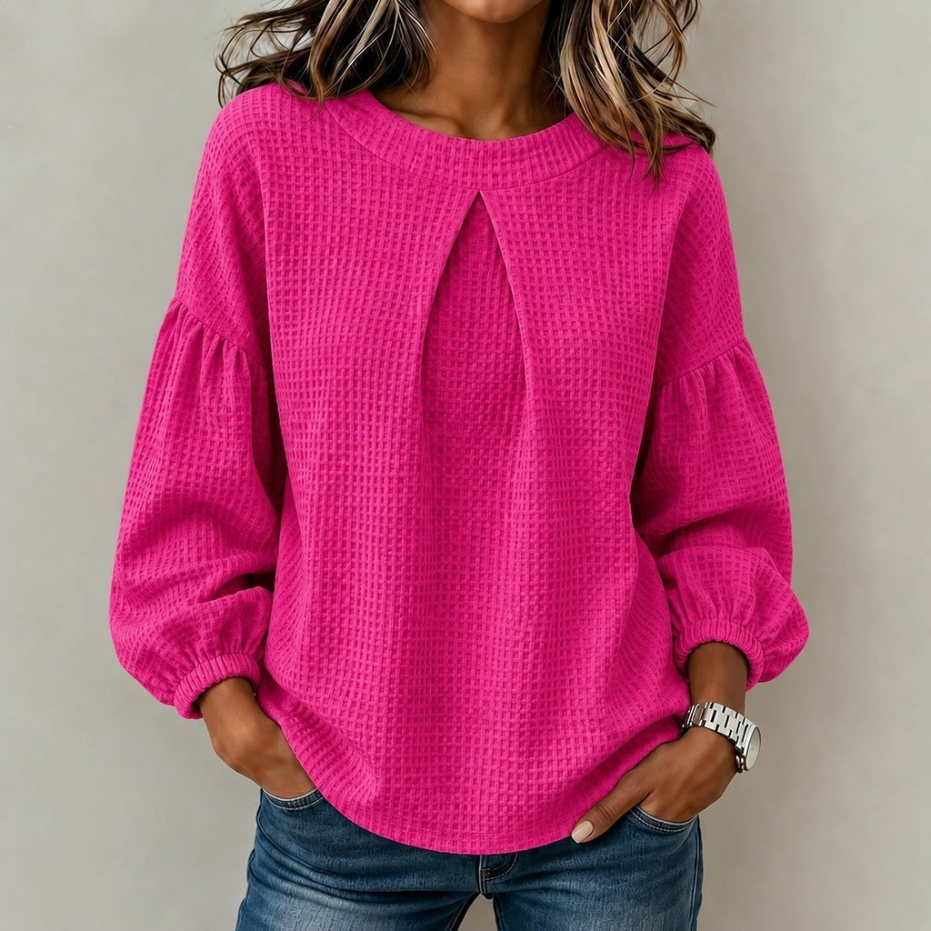 Women's Patchwork Puff Sleeve Waffle Round Neck Solid Color Tops