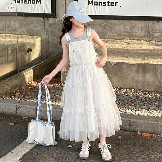 Mesh Suspender Skirt Outfit Summer Middle Big Korean Style Vest Children's Suit