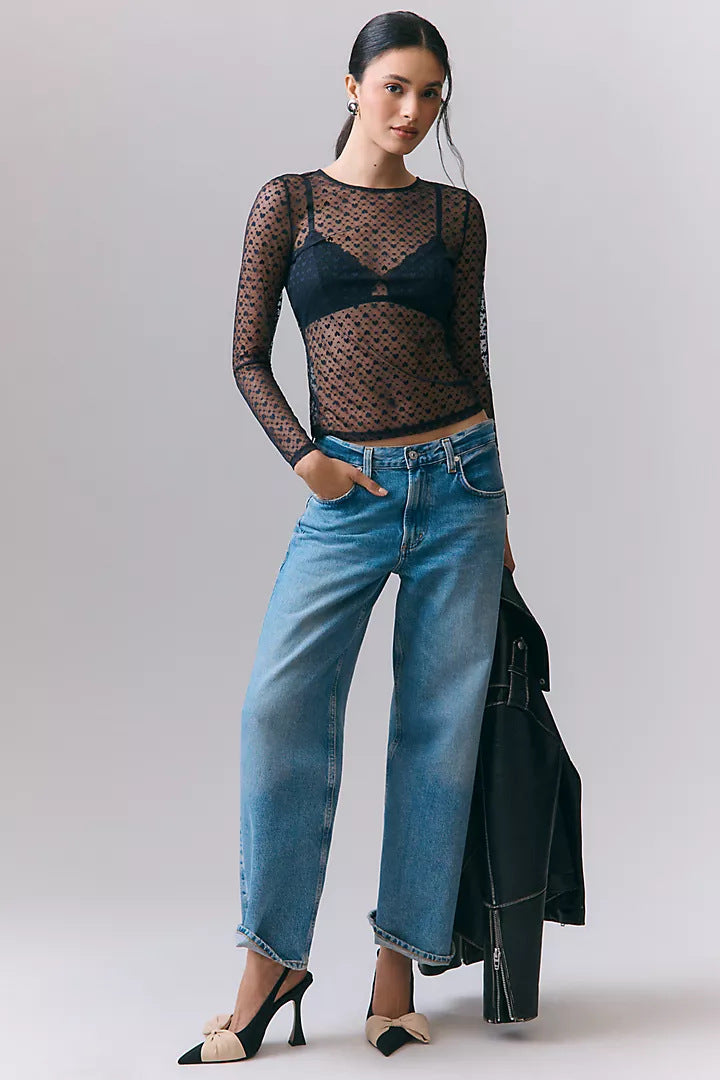 Women's Round Neck Long Sleeve T-shirt Sexy Lace Shirt, Chiffon Shirt