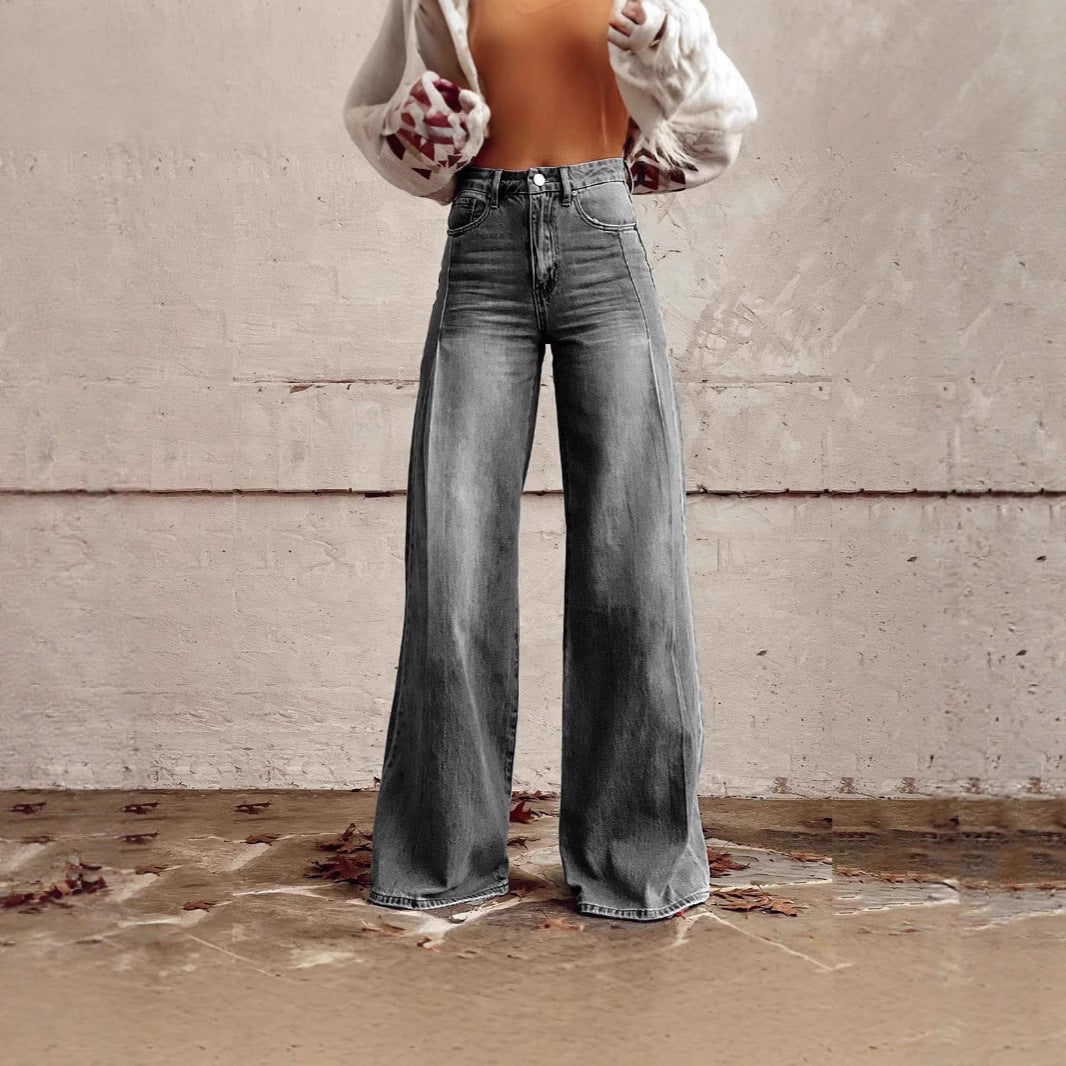 Retro Wide Leg Fashion High Waist Design Mop Denim Trousers Women's Jeans