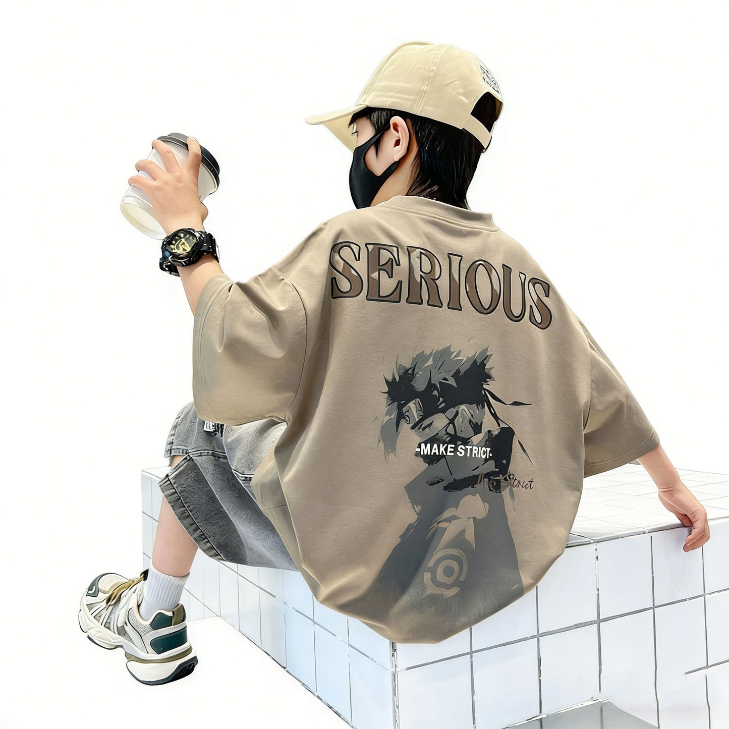 Summer Wear Fashion Medium Big Handsome Cartoon Children's Suit