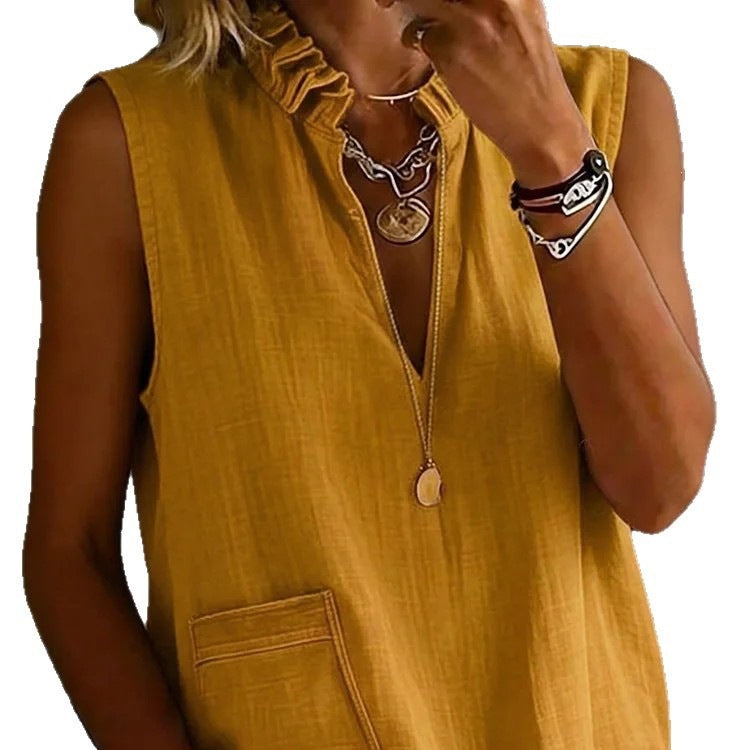 Elegant Stand Collar Ruffle Cotton Linen Shirt Summer Sleeveless Blouse