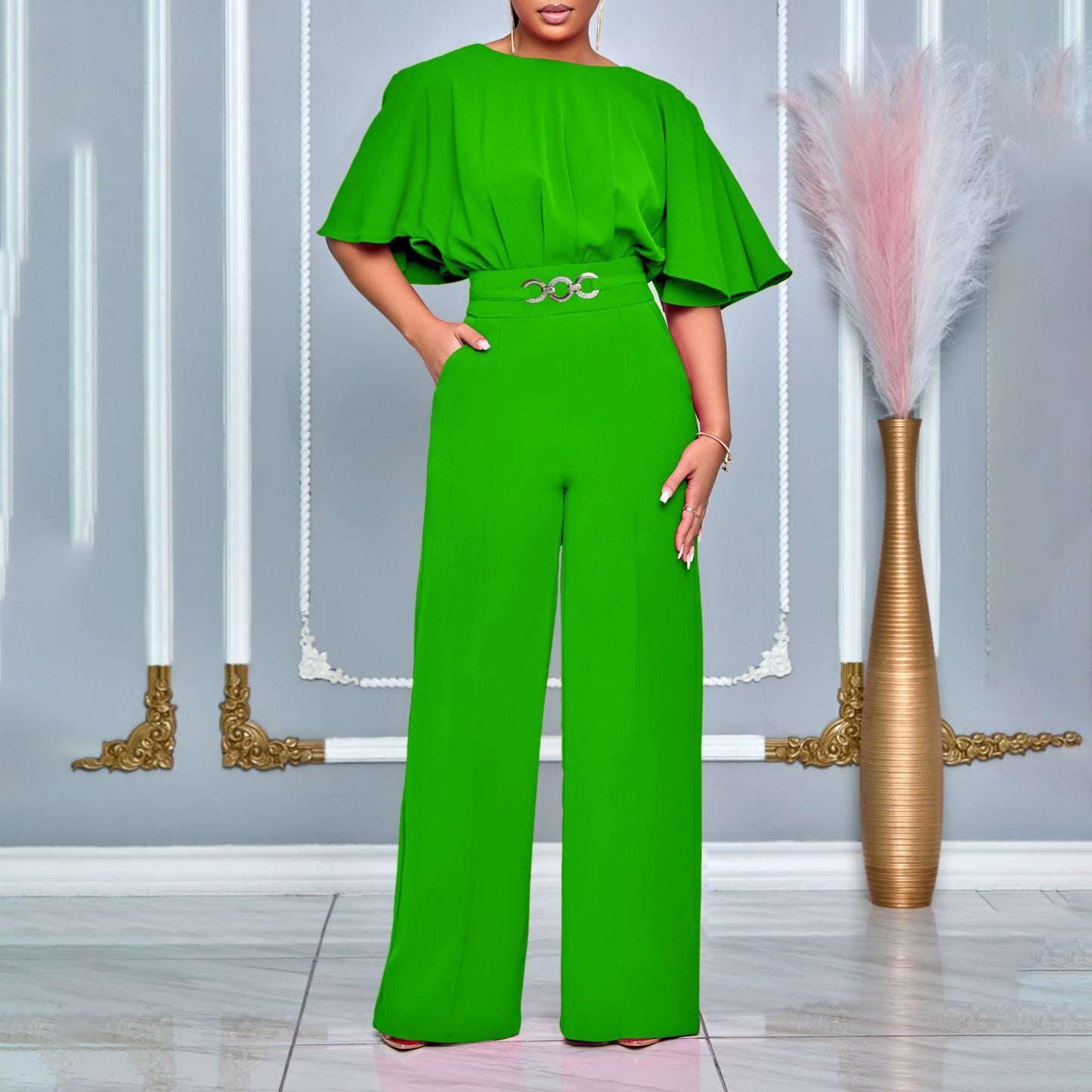 Women's Summer Fashion Round Neck Solid Color High Waist Jumpsuits