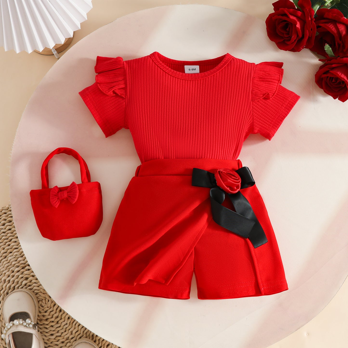 Summer Short Sleeve Sunken Stripe Top Bow Flower Bag Three-piece Children's Suit