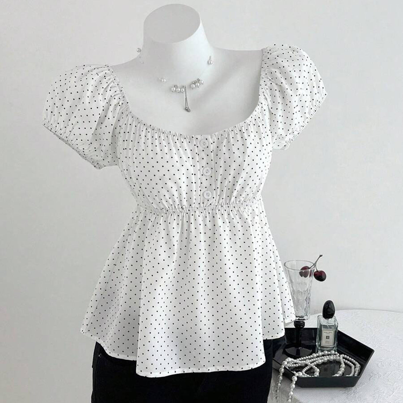 Women's Polka Dot Puff Sleeve French Cinched Lace Shirt, Chiffon Shirt