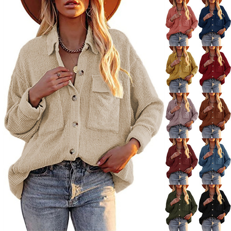 Women's Solid Color Loose Corduroy Lapel Double Pocket Long Coats