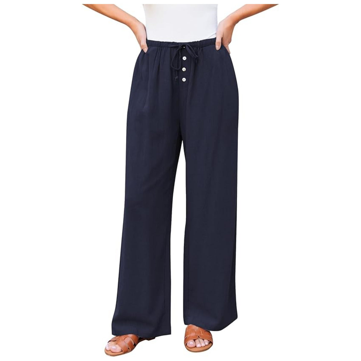 Women's High Waist Comfortable Wide Leg Drawstring Pocket Button Casual Pants