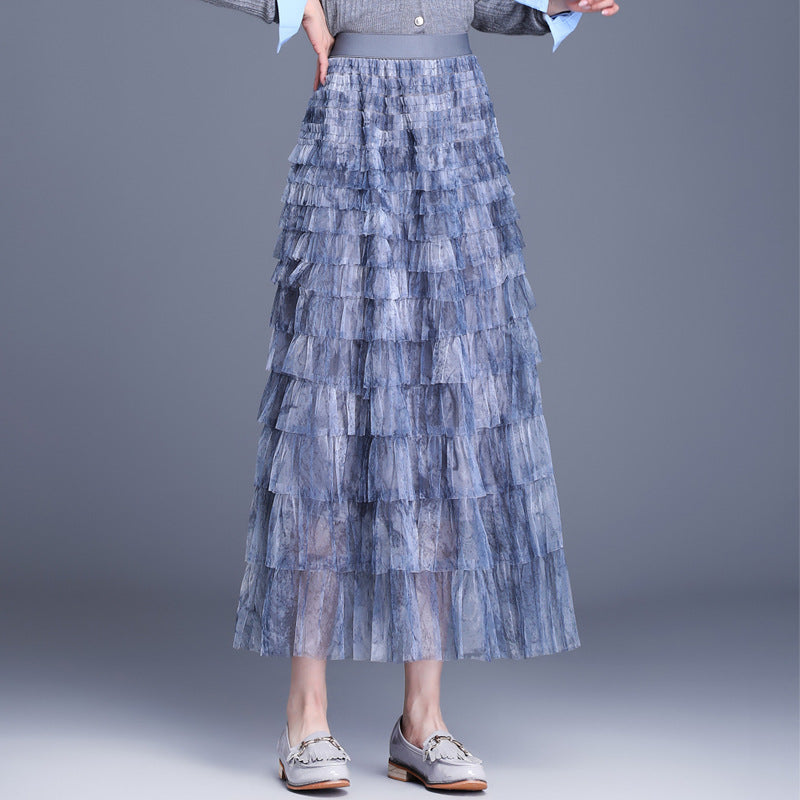 Women's Design Gradient Color Mesh Autumn Cake Dress A- Skirt