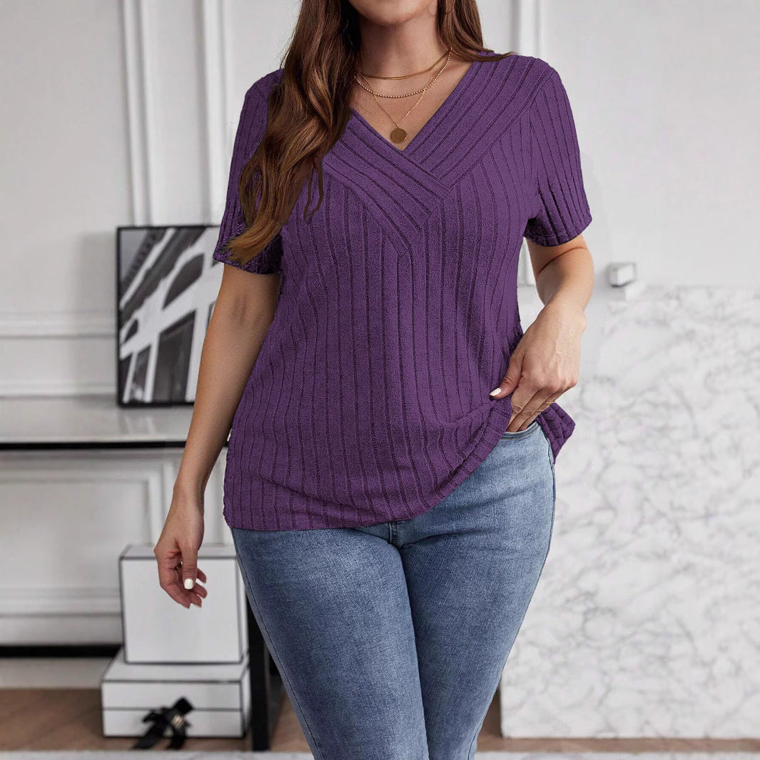 Spring Sleeve Brushed Sunken Stripe Solid Color Large Size T-shirt