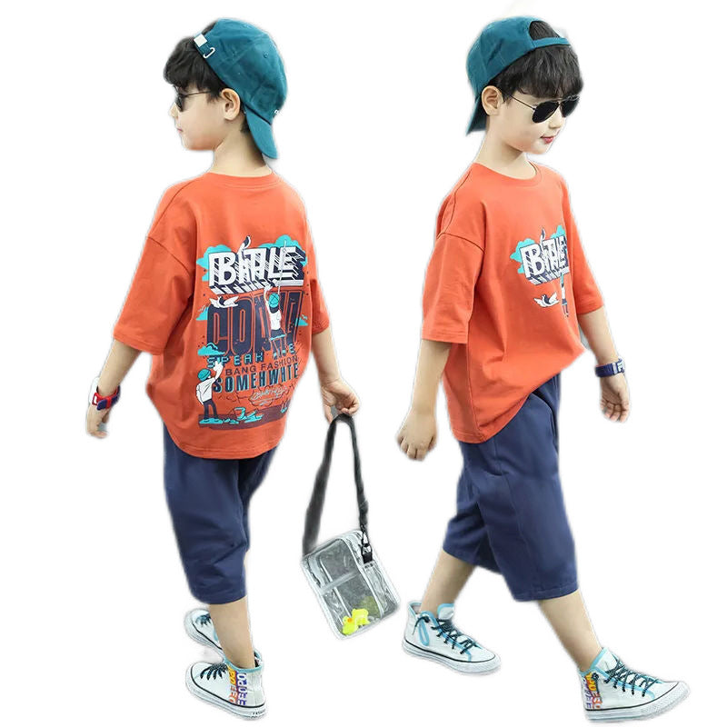Children's Clothing Short-sleeved Summer Sports Medium Large Handsome Korean Style Fashionable Children's Suit