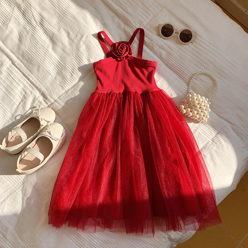 French Rose Strap Sweet Western Style Mesh Children's Dress