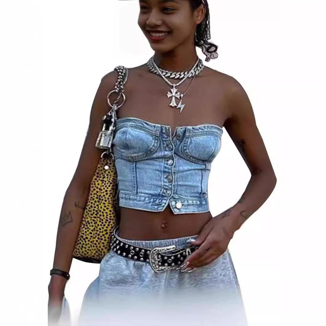 Women's Fashionable Elastic Band Denim Tube For Small Vest/suspenders/tube Top