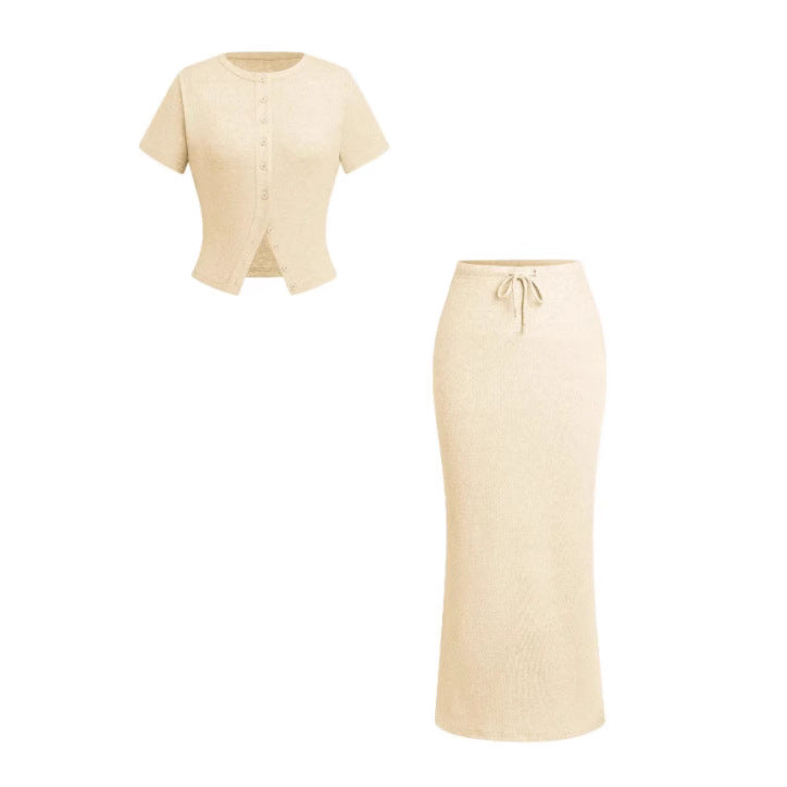 Summer Buttoned Short-sleeved Dress Female Ornament Fashion Casual Suit