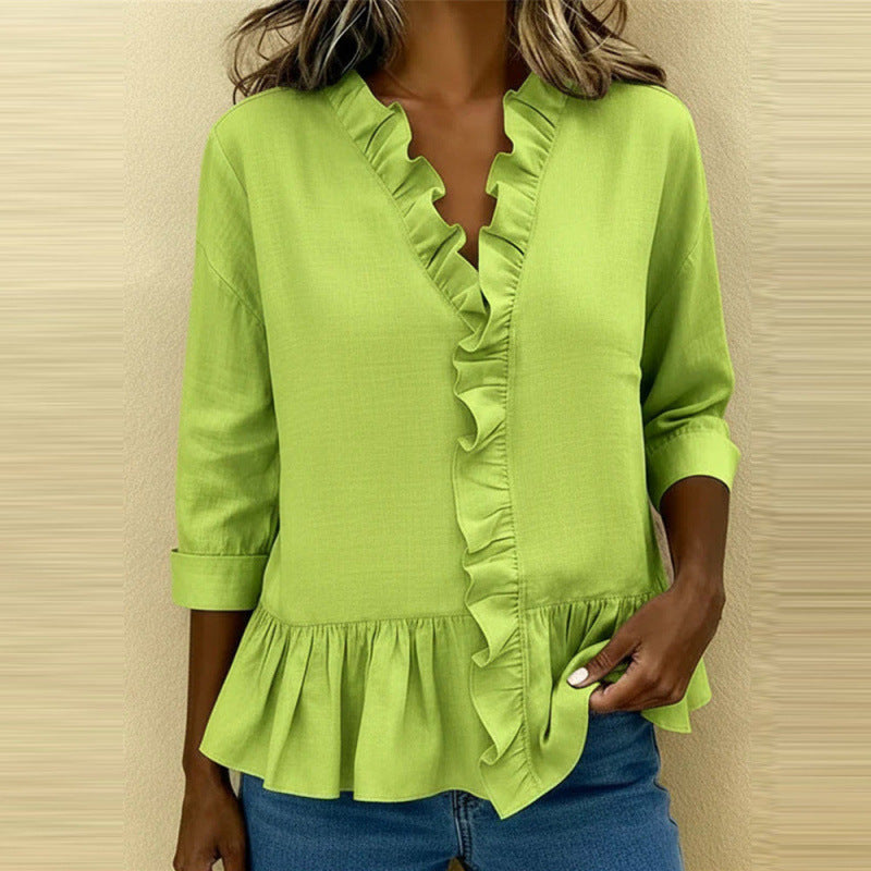 Women's Pure Color Ruffles T-shirt Casual Cropped Sleeves Blouse