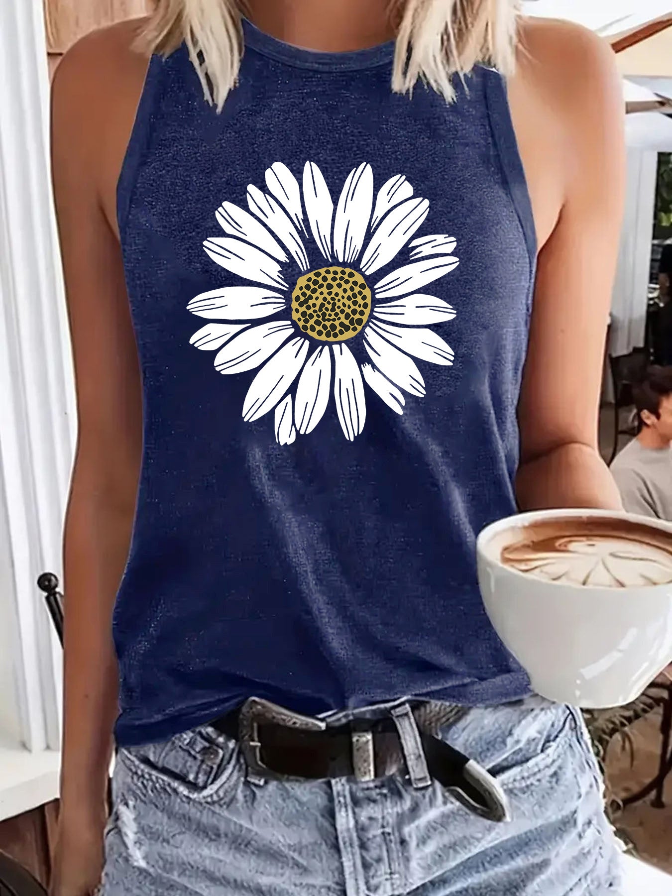 Women's Sleeveless Sunflower Print Loose Comfort Casual Fashion Tops