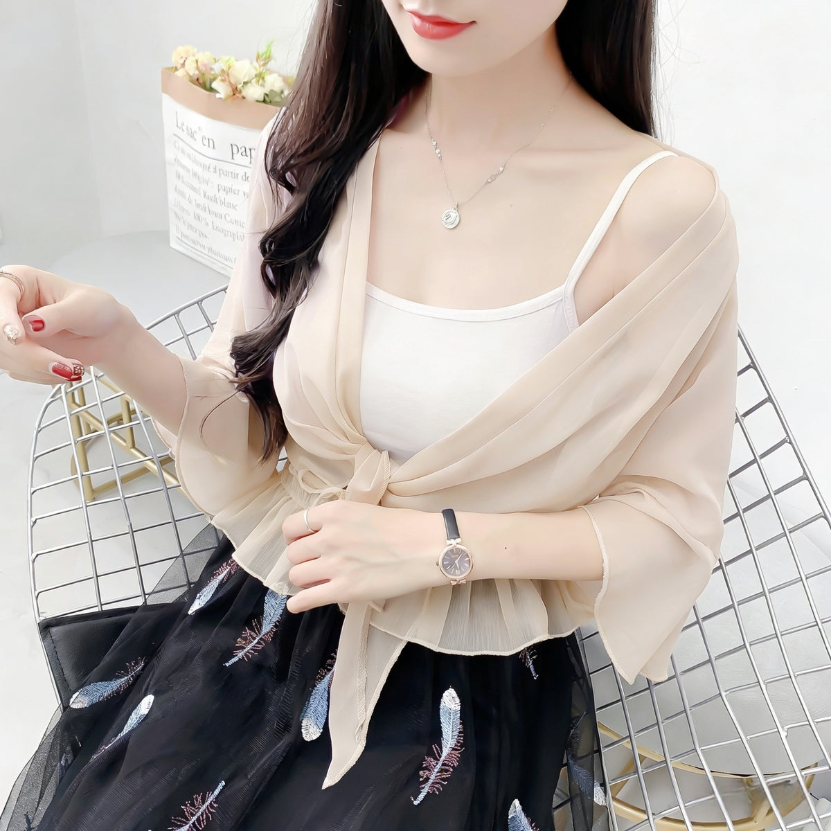 Women's Fairy Sun Protection Summer Lightweight Breathable Sling Dress Small Lace Shirt, Chiffon Shirt