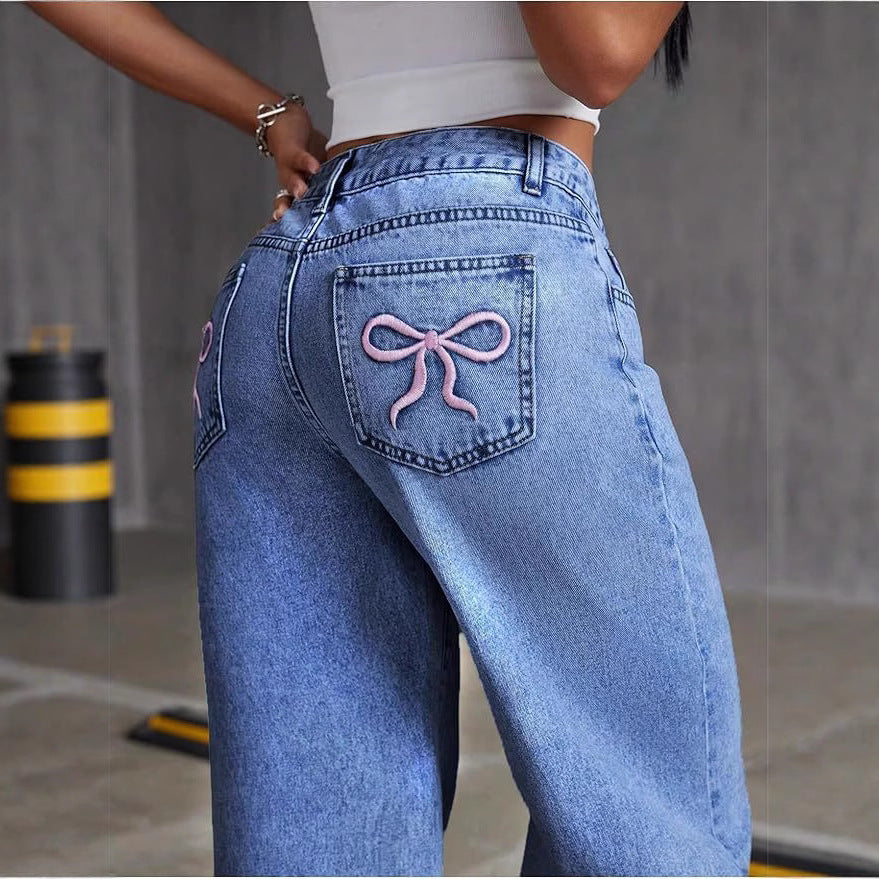 Women's Embroidered High Waist Straight Loose Trousers Women's Jeans