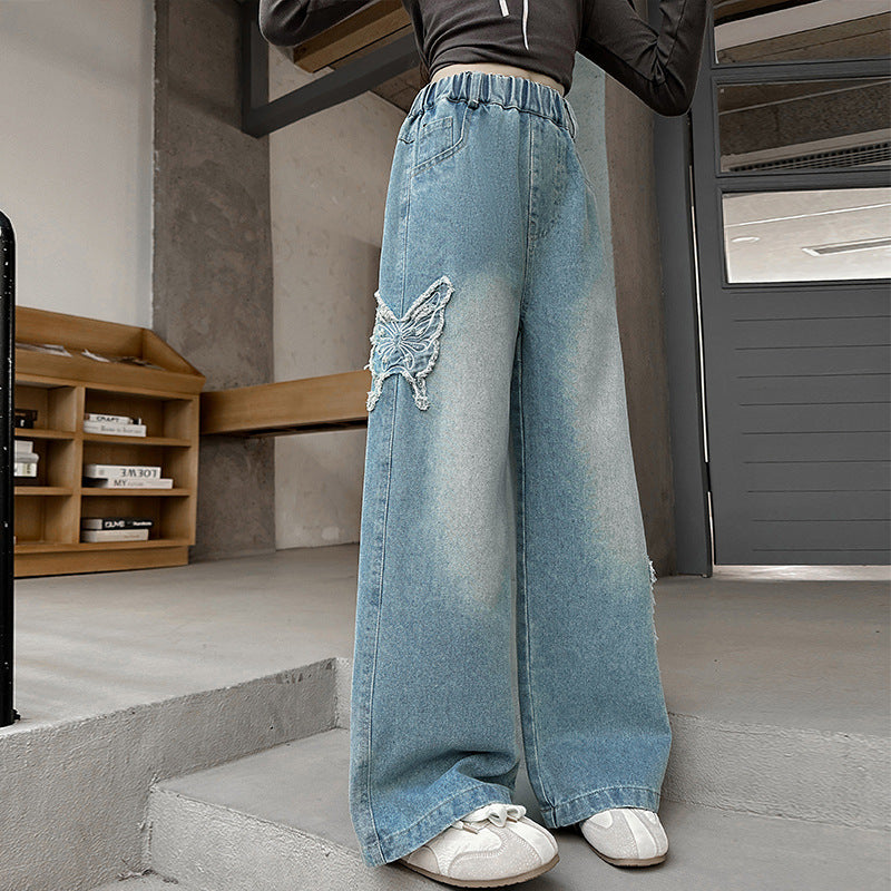 Children's Jeans Big American Butterfly Embroidered Loose Fried Children's Pants