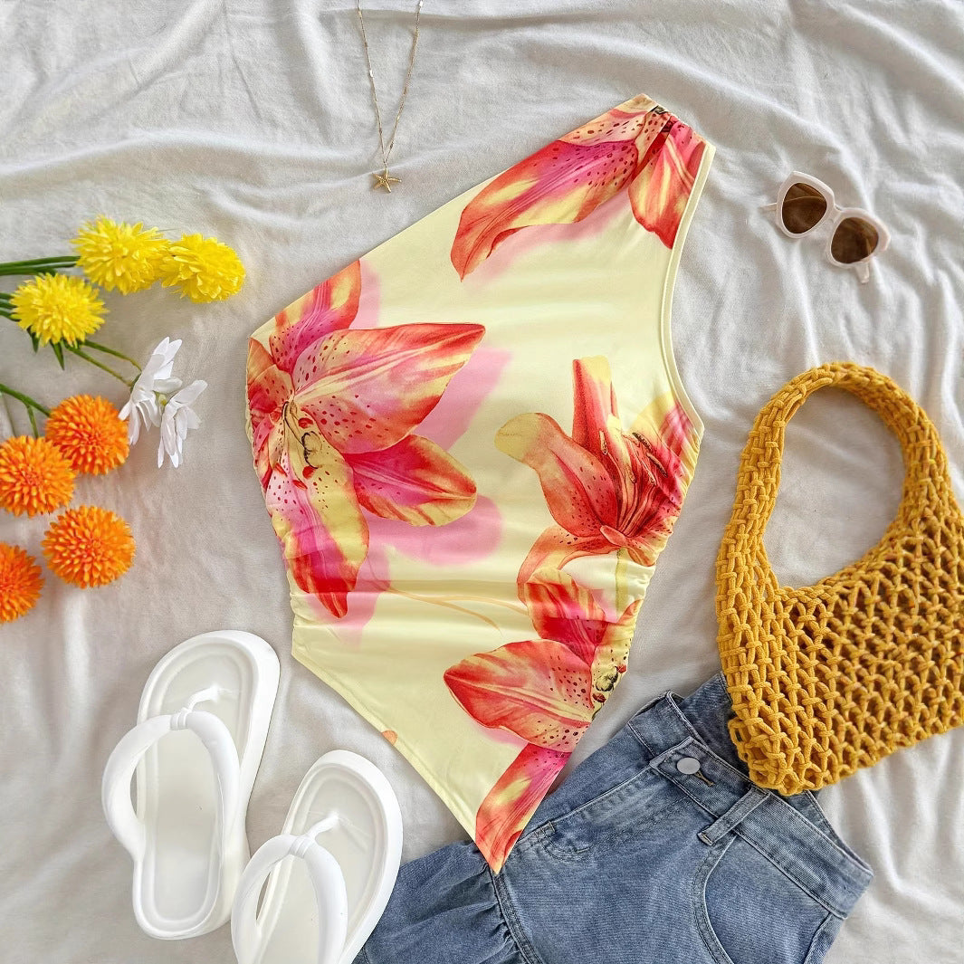 Printed Flower Print Summer Plant Oblique Small Vest/suspenders/tube Top