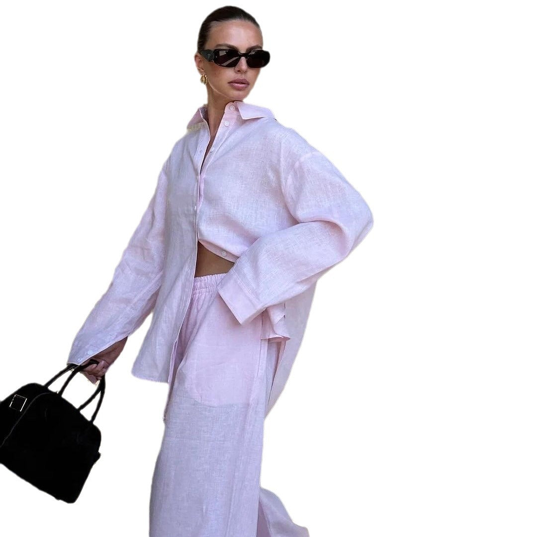 Lazy French Loose Pink Cotton Shirt Long Fashion Casual Suit