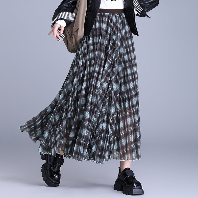 Korean Style Pleated Rhombus Encryption Yarn Elastic Waist High Skirts