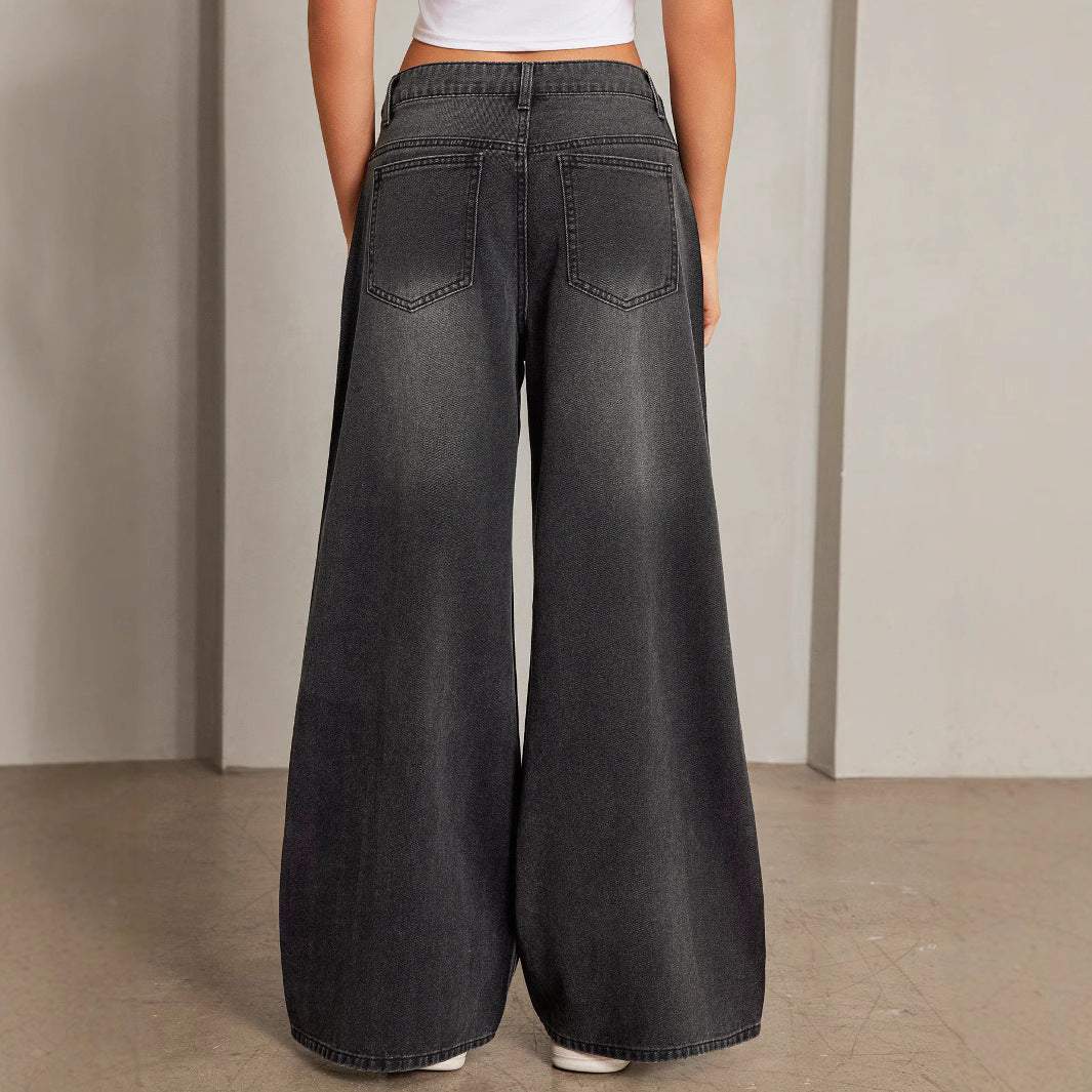 Retro Distressed Rhinestone Loose High Waist Black Women's Jeans