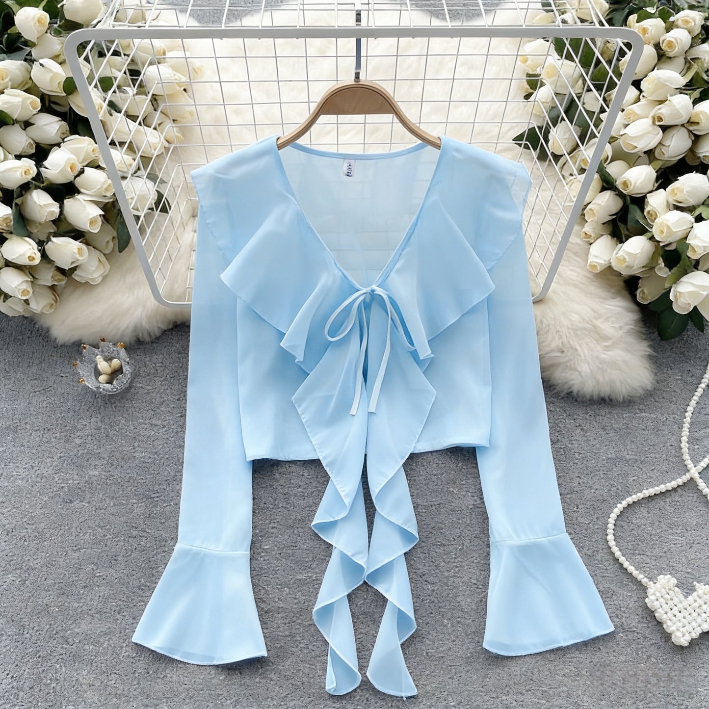 Women's Style Super Fairy Mesh Bow Strap Lace Shirt, Chiffon Shirt