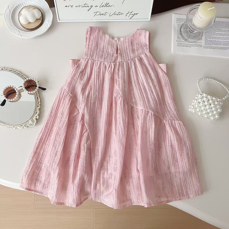 Korean Style Sleeveless Bow Pink Cute Children's Dress