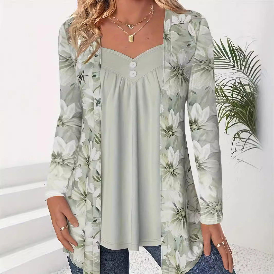 Women's Fake Two-piece Printed Fashion Button Long-sleeved Tops