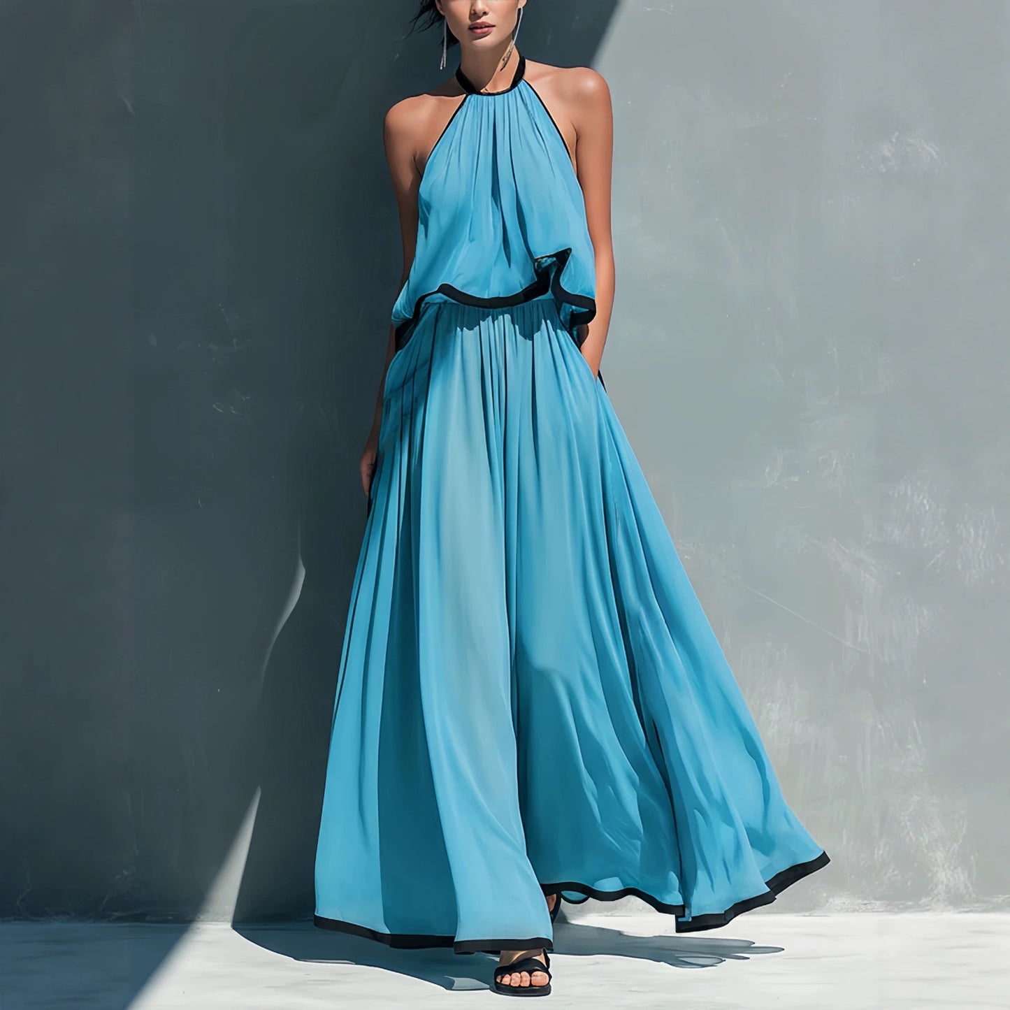 Halter Sleeveless High Waist Big Swing Long High-grade Chiffon Two-piece Fashion Casual Suit