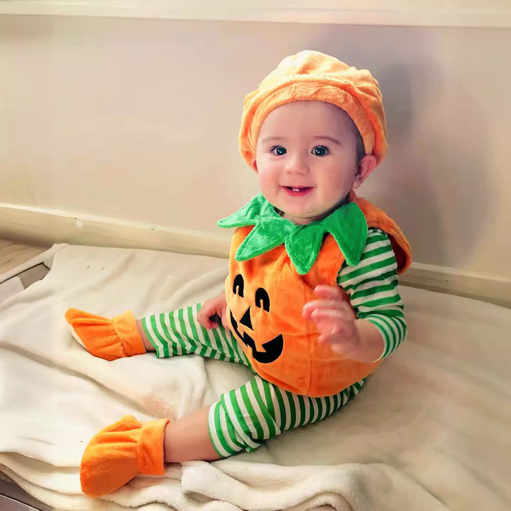 Children's Halloween Cute Round Neck Sleeveless Pumpkin Triangle Rompers Jumpsuit, Climbing Suit