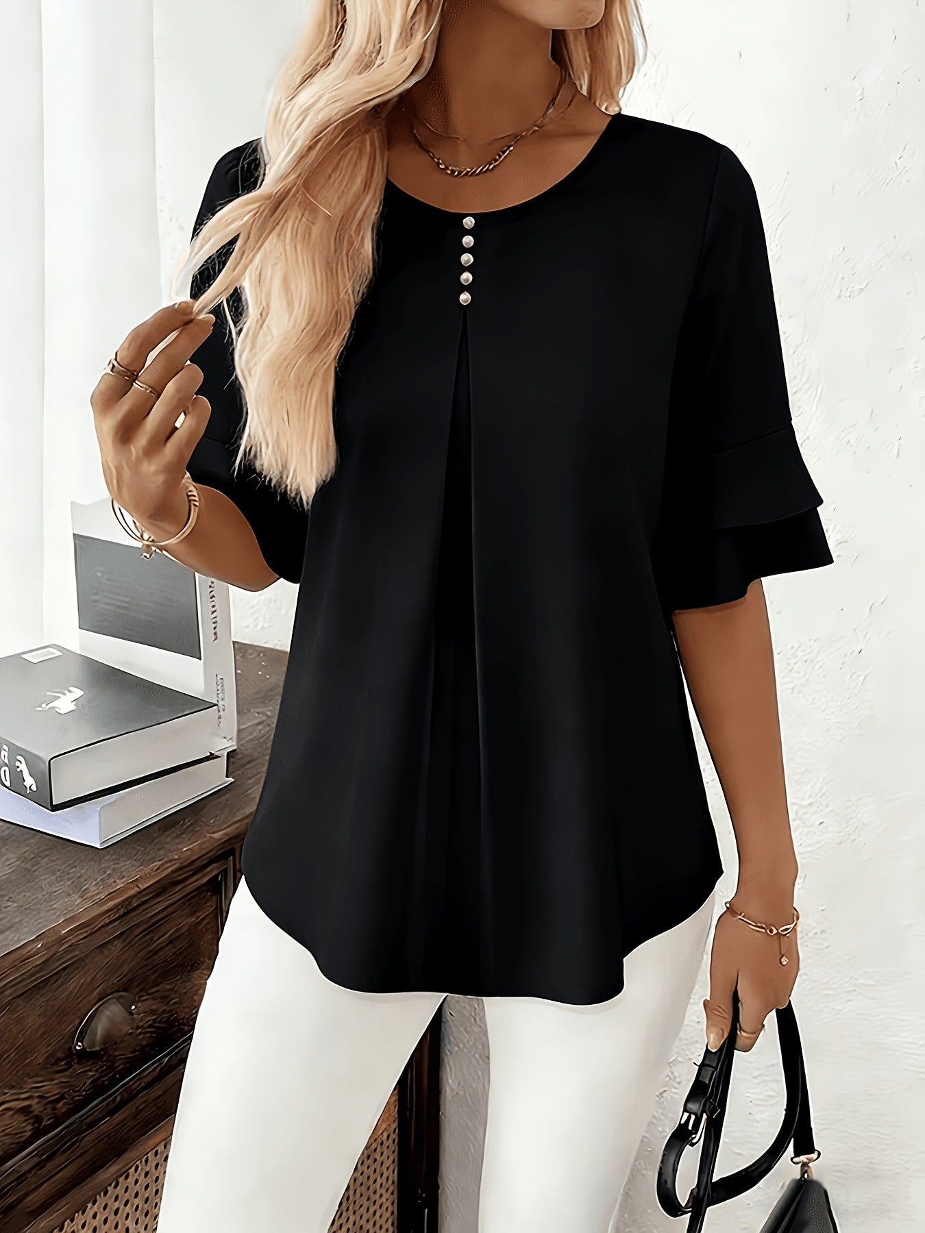 Women's Casual Comfortable Loose Slimming Double Layer Ruffled Blouse