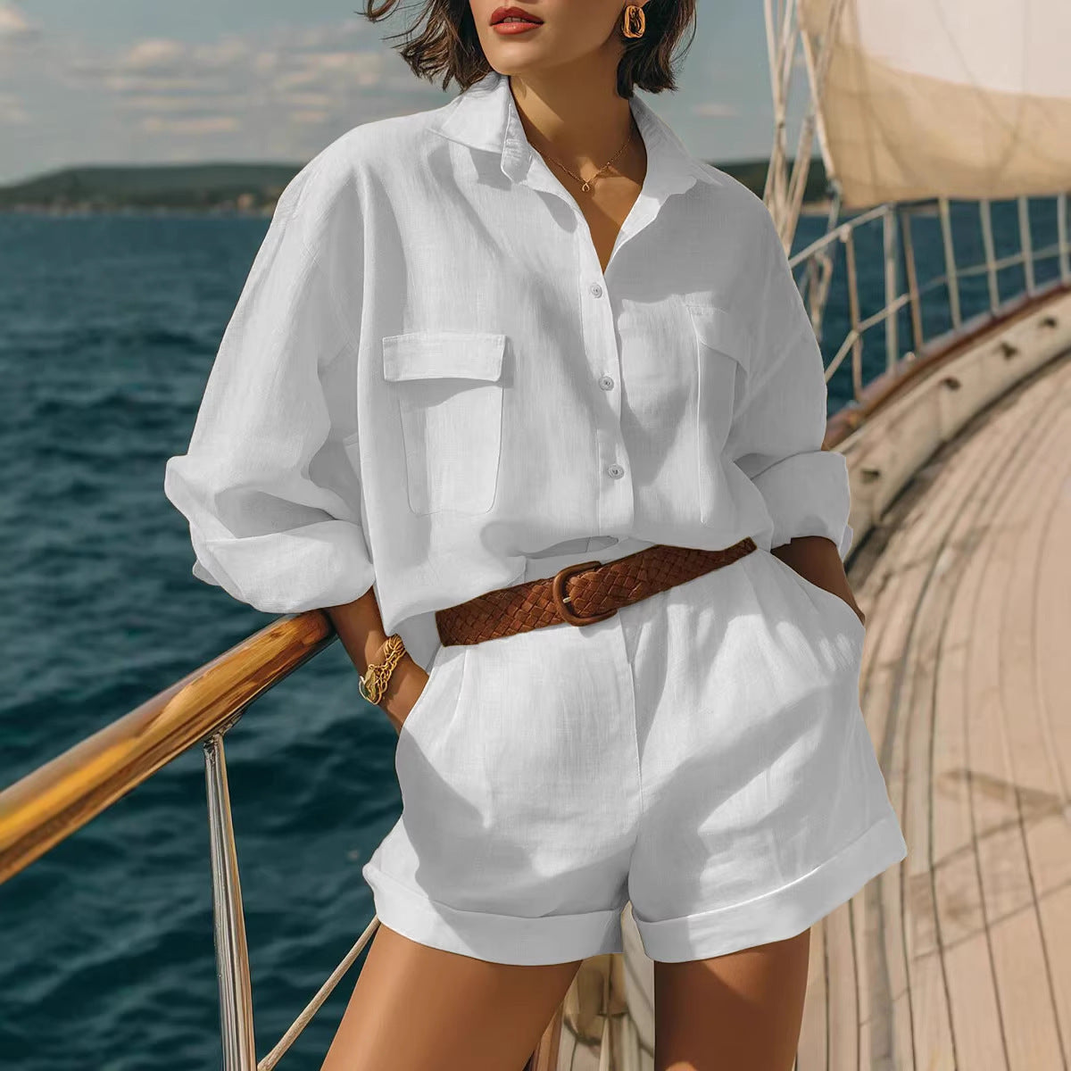 Women's Solid Color Loose Breasted Shirt Set Shorts