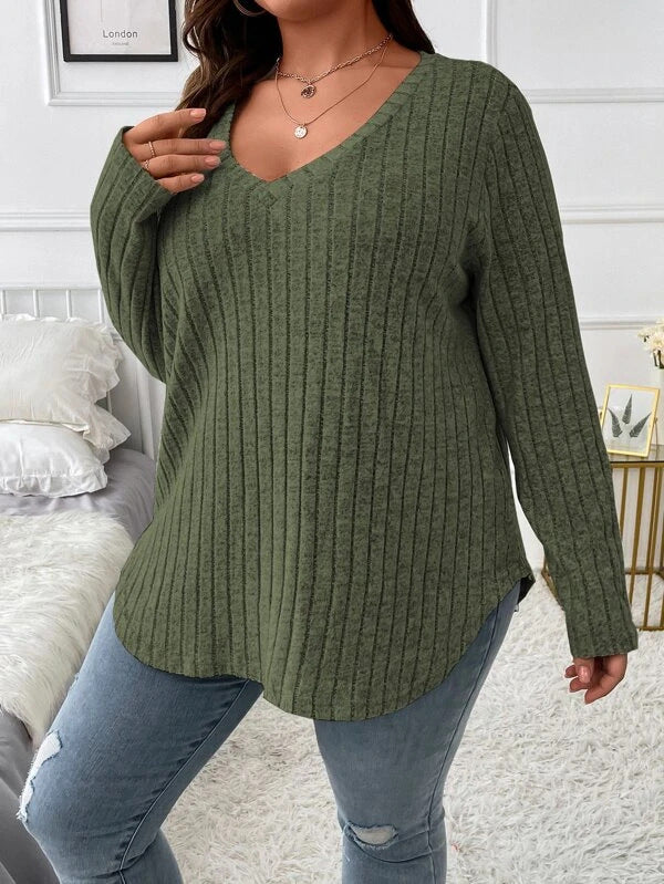 Women's Solid Color Clothes Long Sleeve Sunken Stripe Brushed Loose Tops