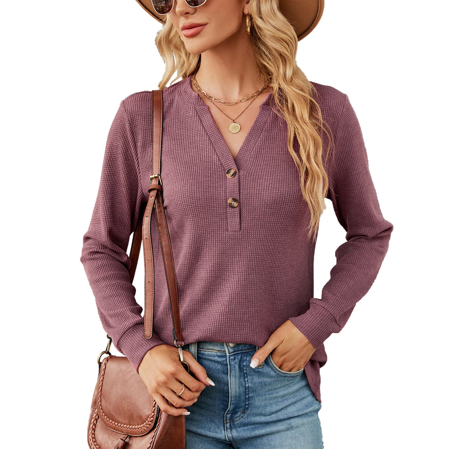 Women's Solid Color Button Loose Long-sleeved Women's T-shirt