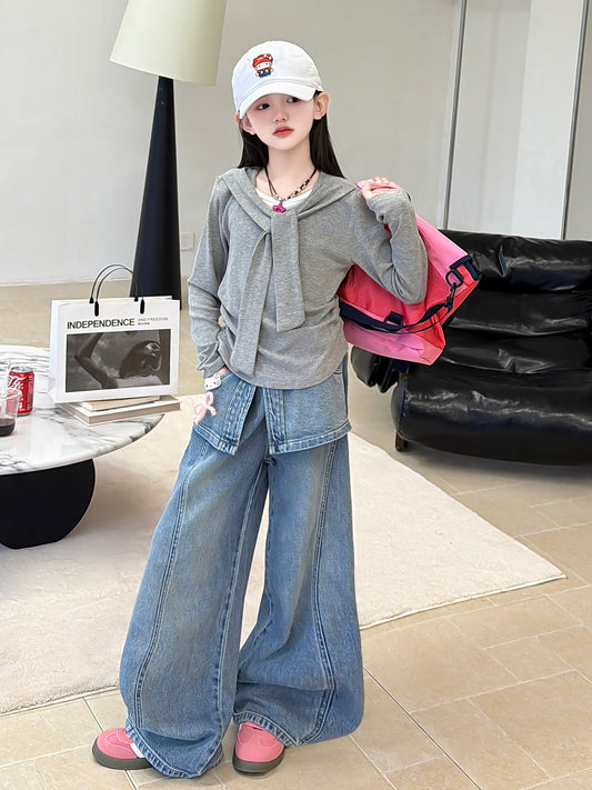 Children's Spring Korean Fashion Fake Two-piece Bottoming Children's Suit