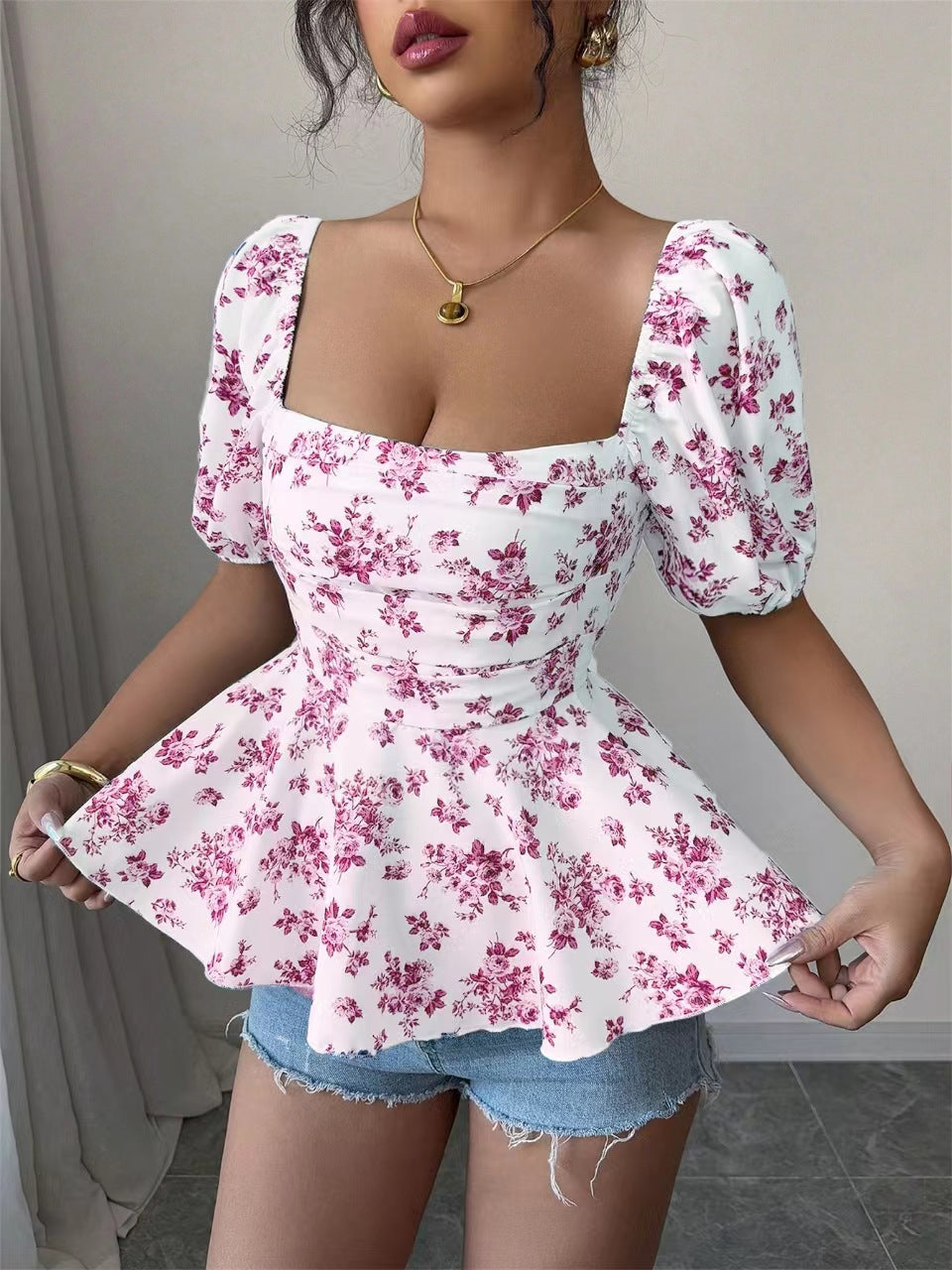 Women's Collar Fashion Slim Sexy Smocking Printed Lace Shirt, Chiffon Shirt
