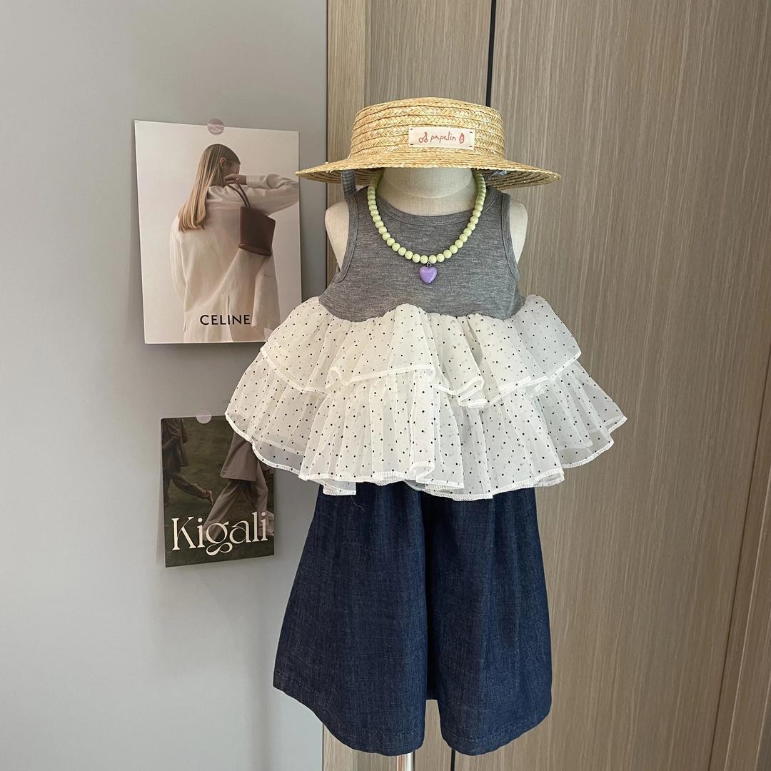 Children's Fashion Dot Mesh Vest Skirt Top Children's Suit