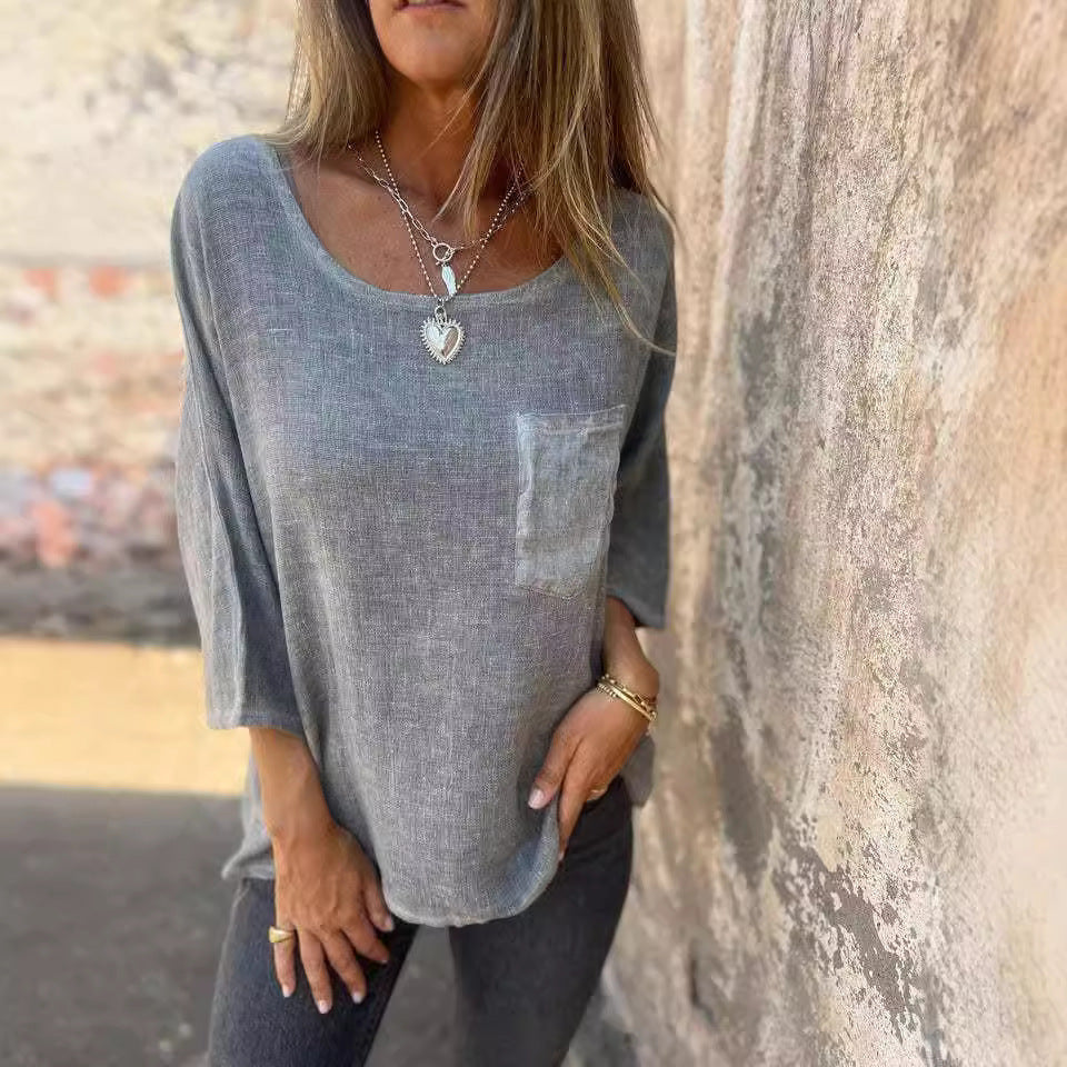 Women's Casual Fashion Cotton Linen Solid Color With Pockets Women's T-shirt