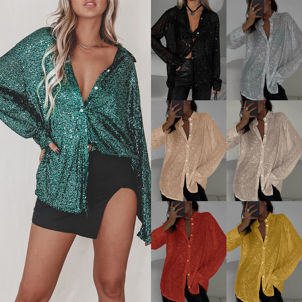 Women's Sequin Lapel Long Sleeve Basic Style Blouse
