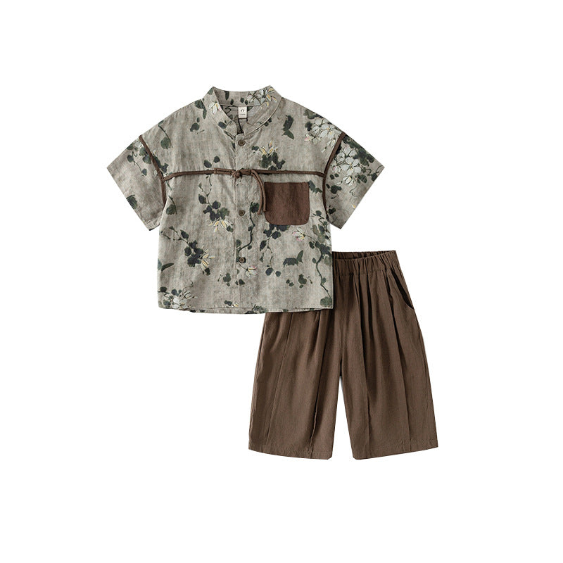 Children's Summer Short-sleeved Chinese Two-piece Retro Floral Children's Suit