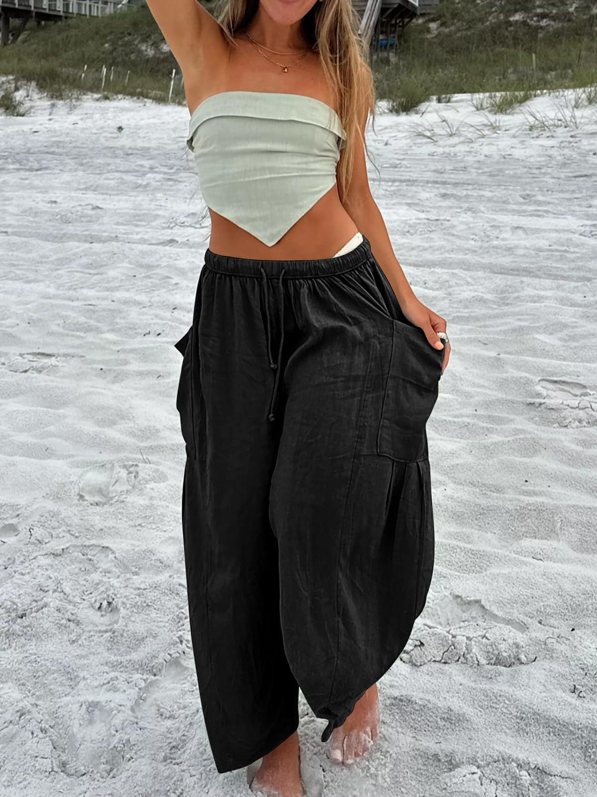 Women's Stripes Elastic Waist Cropped Pleated Breathable Contraction Pants