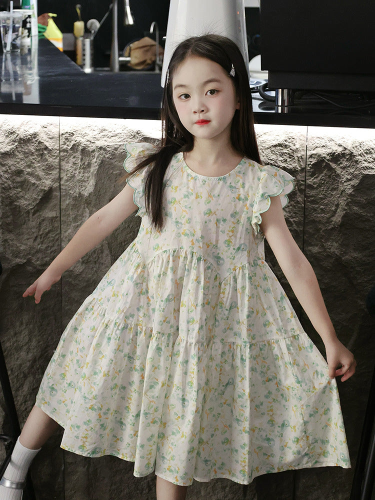 Children's Summer Princess Floral Cotton Flounced Sleeve Children's Dress