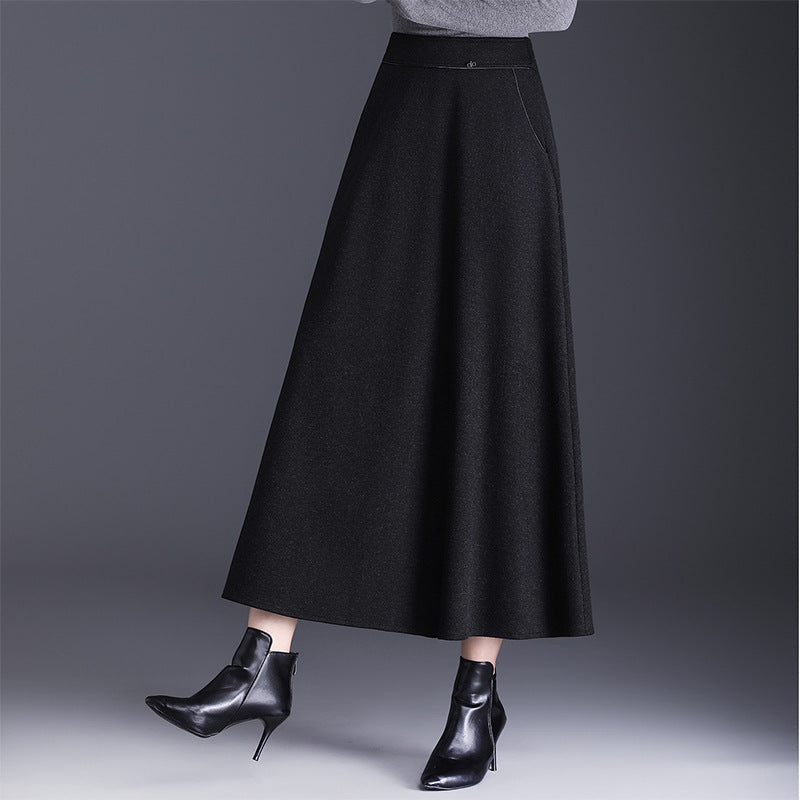 Women's Woolen Thick Winter Dress Mid-length High Waist A- Line Slimming Skirt