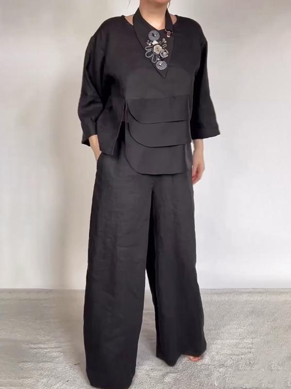 Neck Satin Layered Design Wide Leg Blouses