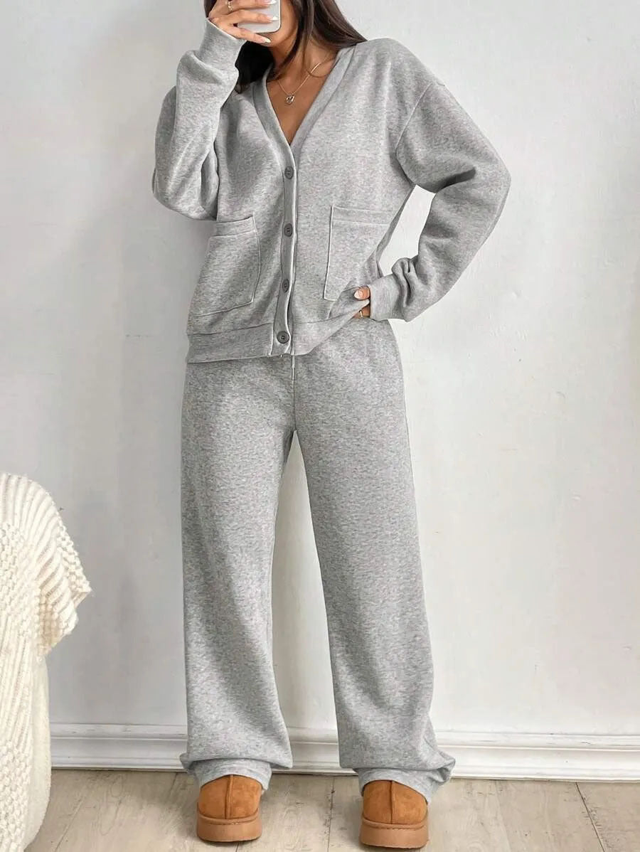 Women's Simple Pocket Sweatshirt Button Solid Color Fashion Casual Suit