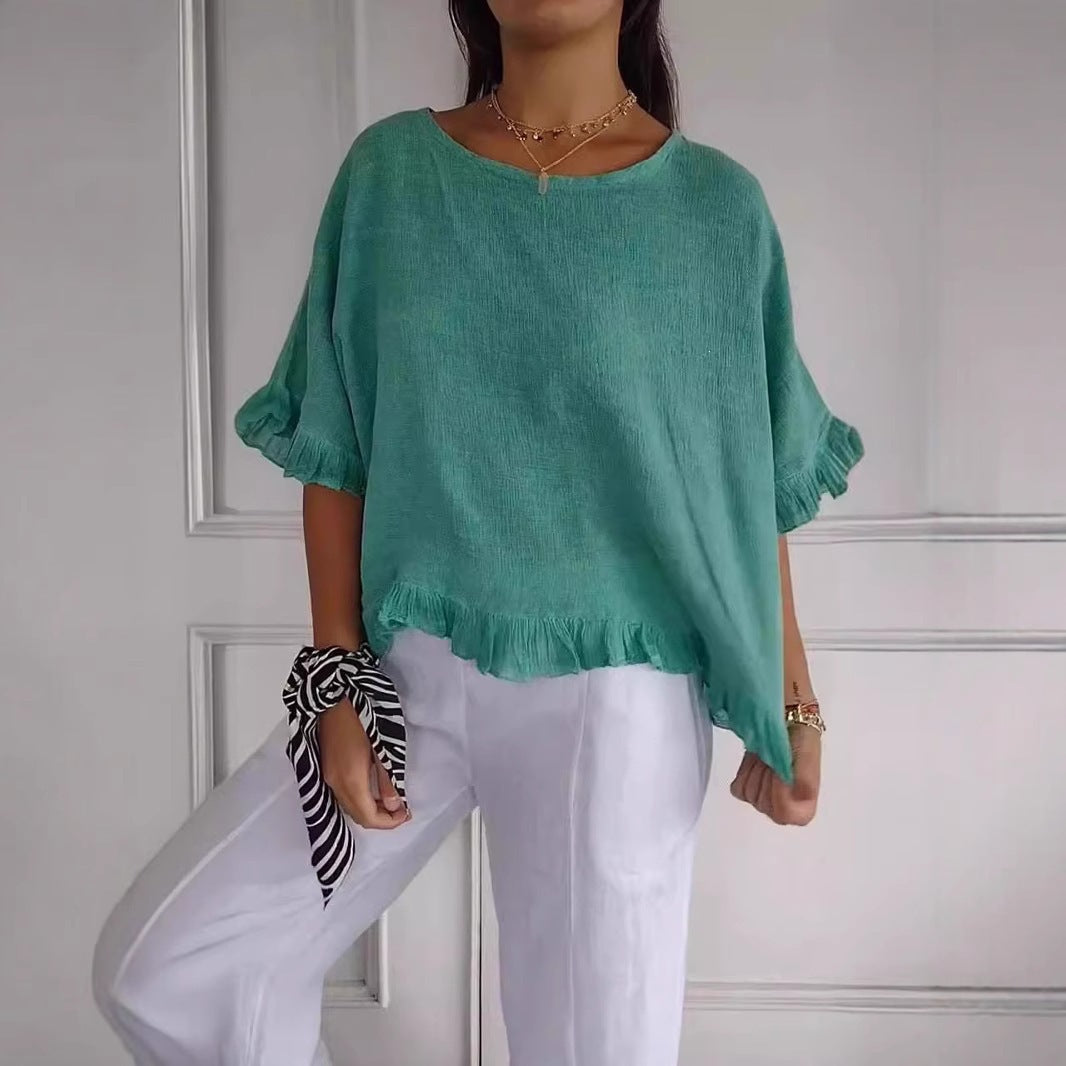 Women's Sleeve Stringy Seedge Round Neck Cotton Linen Solid Color Loose Shorts